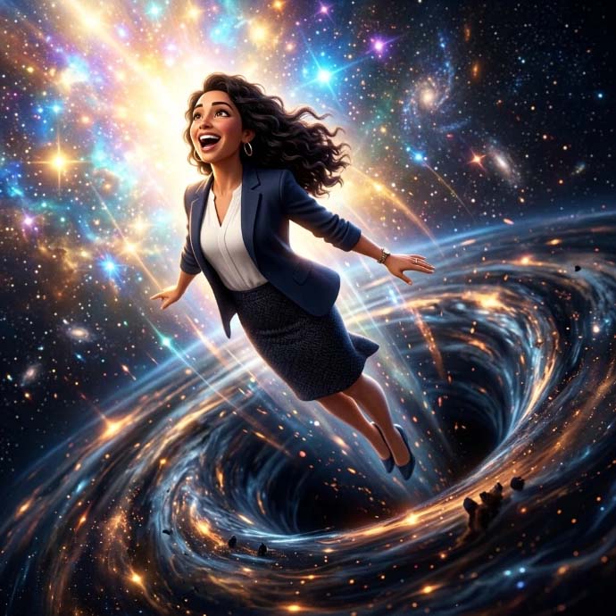 Woman in recovery flying free from the black hole, the void of alcoholism and addiction
