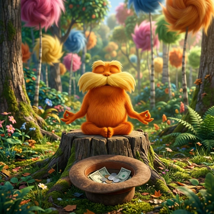 AI Generated Lorax Sitting Lotus collecting money in a hat